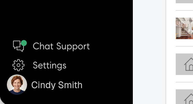 Bottom-left navigation menu showing the agent name and profile avatar to click.