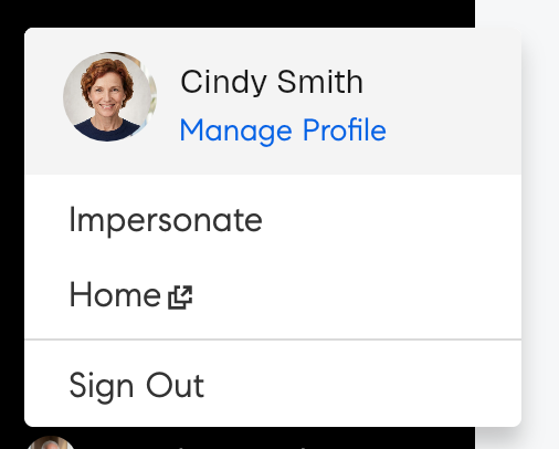 Profile menu with the Manage Profile link highlighted below the agent name.