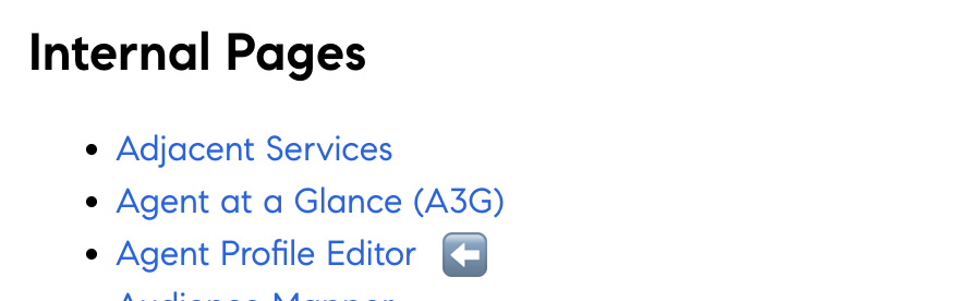 Internal Pages list with an arrow pointing to the Agent Profile Editor link.