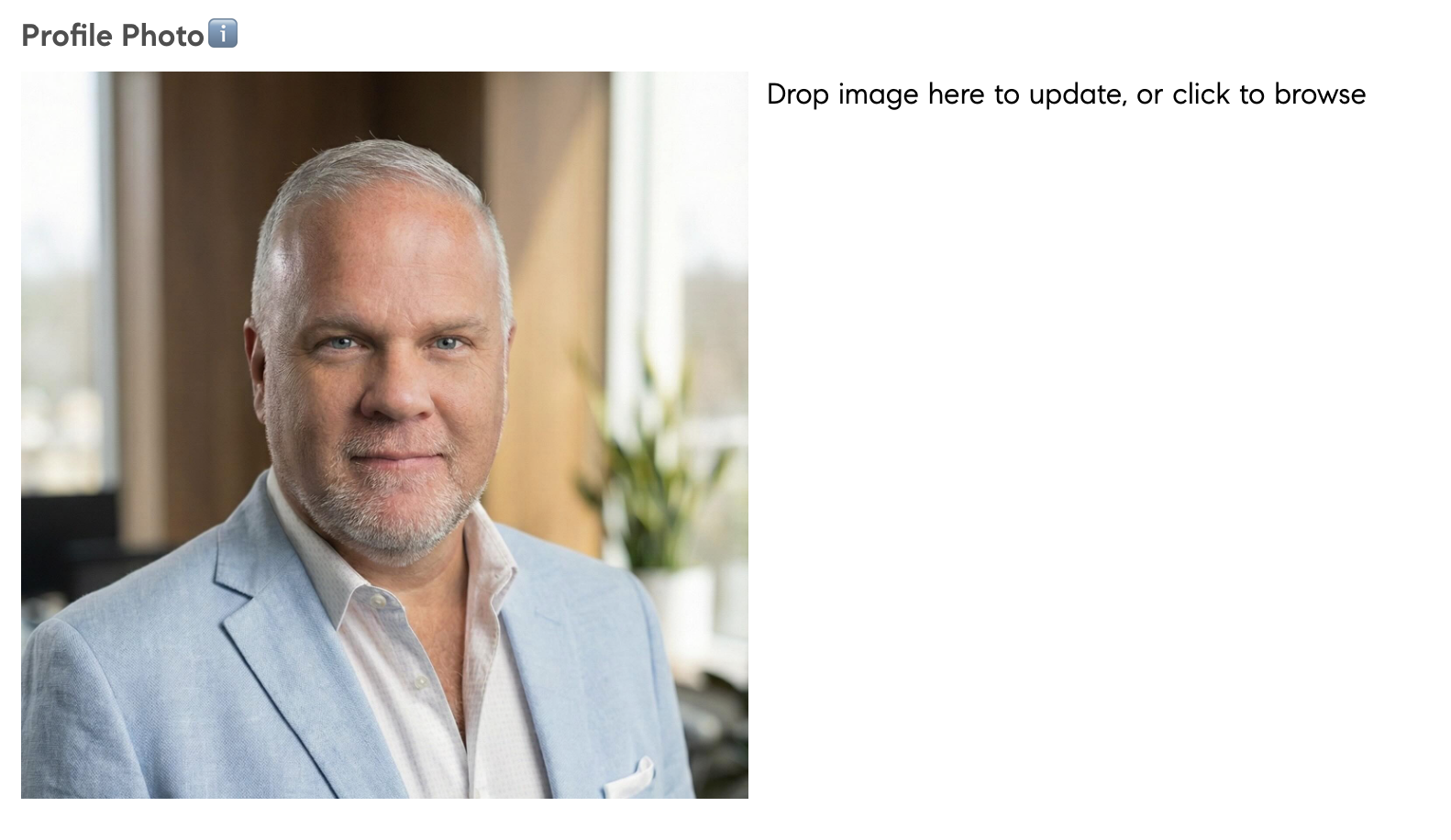 Compass Profile Photo panel with an agent headshot and a drop-image-to-update area.
